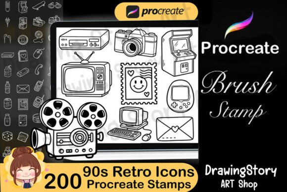 Download 90s Retro Everyday Icons Procreate Stamp - 90s Collection